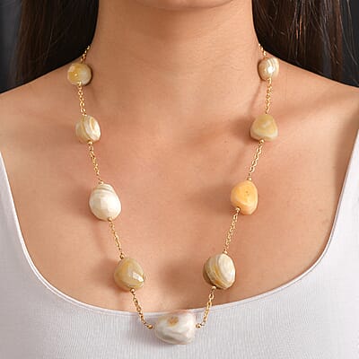 EverTrue Banded Agate 340.00 ctw Beaded Necklace in ION Plated Yellow Gold Stainless Steel 24-26 Inches