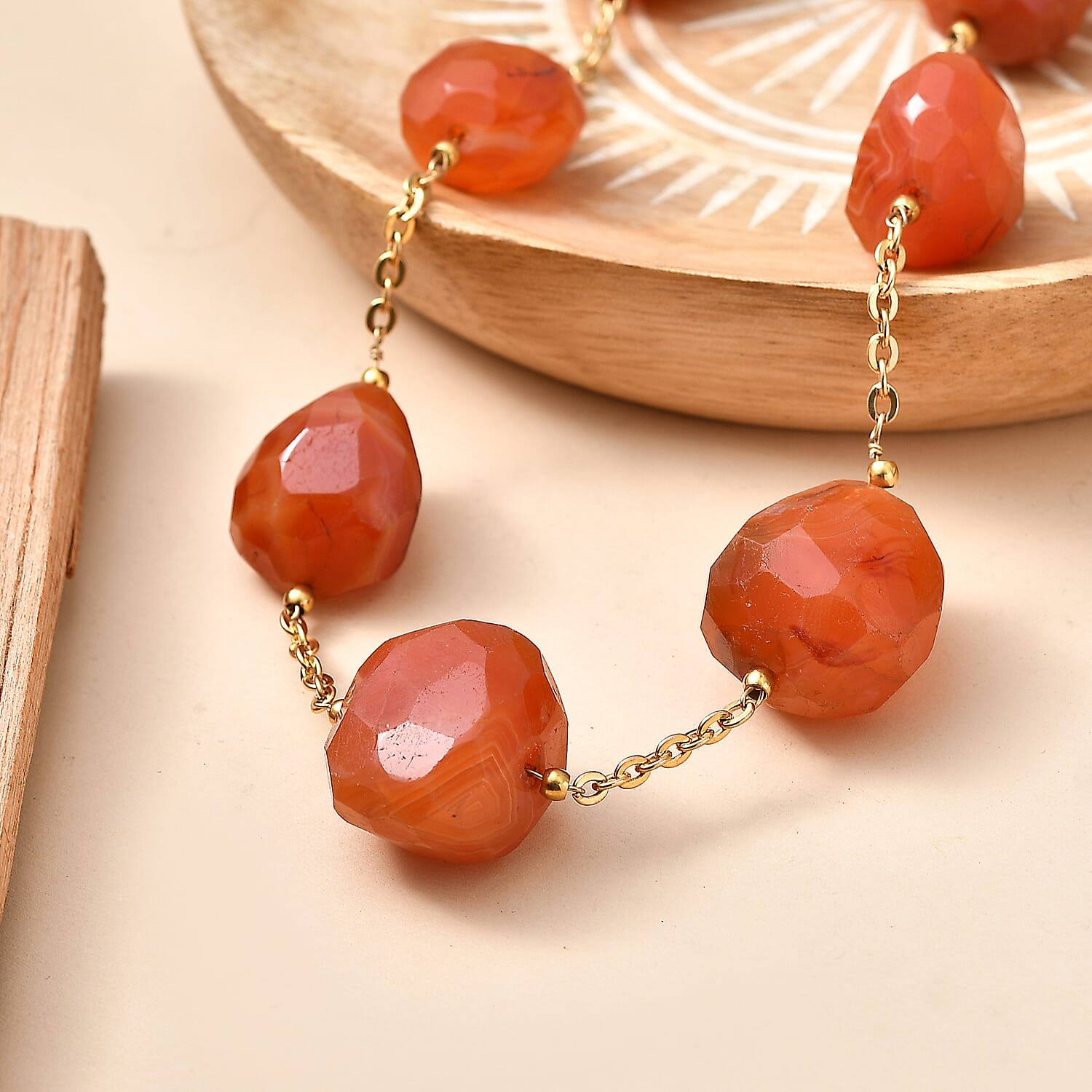 EverTrue Carnelian 305.00 ctw Beaded Necklace in ION Plated Yellow Gold Stainless Steel 24-26 Inches