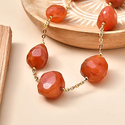 EverTrue Carnelian 305.00 ctw Beaded Necklace in ION Plated Yellow Gold Stainless Steel 24-26 Inches