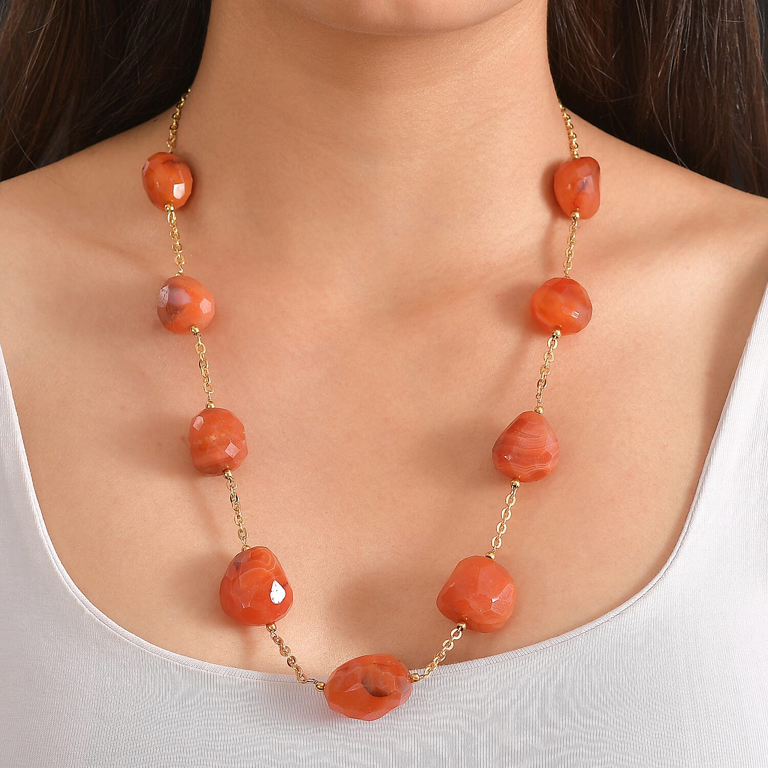 EverTrue Carnelian 305.00 ctw Beaded Necklace in ION Plated Yellow Gold Stainless Steel 24-26 Inches