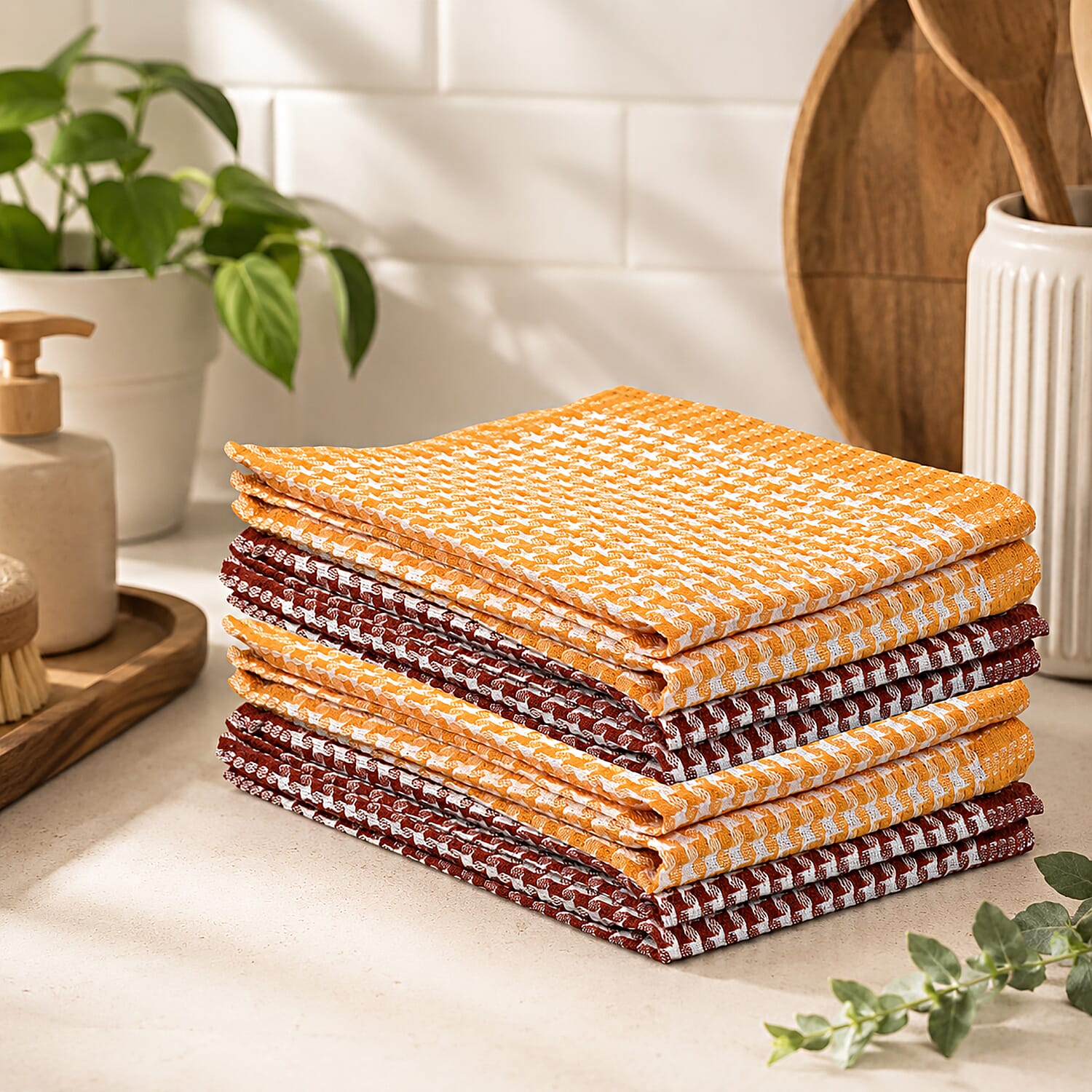 Livmore Red and Yellow Set of 8 Cotton Recycled Kitchen Towel Highly Absorbent for Cleaning & Quick Drying of Plates & Glasses