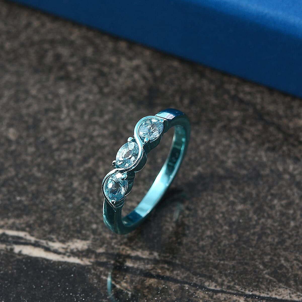 D'Joy Premium Cambodian Blue Zircon 0.90 ctw Ocean Waves Ring in Blue E-coat Sterling Silver (Size 5.0) image number 1