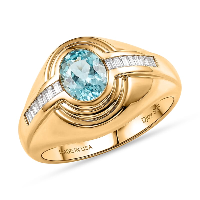 D'Joy Premium Cambodian Blue Zircon and Moissanite 2.25 ctw Men's Ring in 18K Vermeil Yellow Gold Over Sterling Silver (Size 12.0)