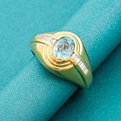D'Joy Premium Cambodian Blue Zircon and Moissanite 2.25 ctw Men's Ring in 18K Vermeil Yellow Gold Over Sterling Silver (Size 12.0)