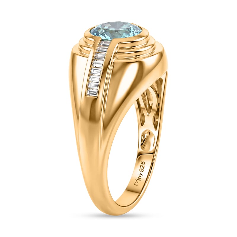 D'Joy Premium Cambodian Blue Zircon and Moissanite 2.25 ctw Men's Ring in 18K Vermeil Yellow Gold Over Sterling Silver (Size 13.0)