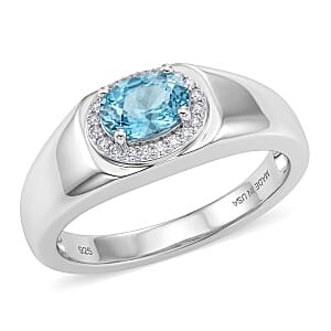 D'Joy Premium Cambodian Blue Zircon and Moissanite 1.50 ctw Men's Ring in Rhodium Over Sterling Silver (Size 10.0)