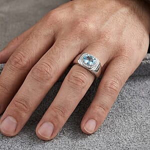 D'Joy Premium Cambodian Blue Zircon and Moissanite 1.50 ctw Men's Ring in Rhodium Over Sterling Silver (Size 10.0)