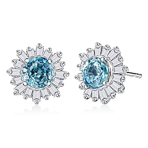D'Joy Cambodian Blue Zircon and Moissanite 3.85 ctw Ocean Sunburst Earrings in Rhodium Over Sterling Silver