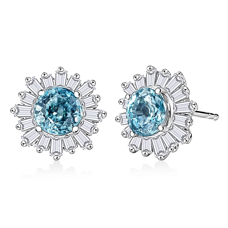 D'Joy Cambodian Blue Zircon and Moissanite 3.85 ctw Ocean Sunburst Earrings in Rhodium Over Sterling Silver