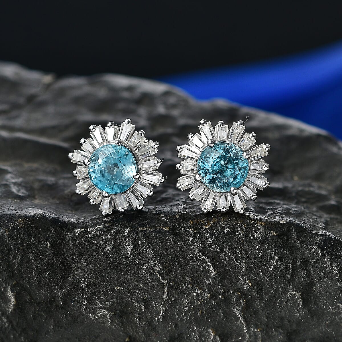 D'Joy Cambodian Blue Zircon and Moissanite 3.85 ctw Ocean Sunburst Earrings in Rhodium Over Sterling Silver image number 1