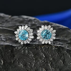 D'Joy Cambodian Blue Zircon and Moissanite 3.85 ctw Ocean Sunburst Earrings in Rhodium Over Sterling Silver
