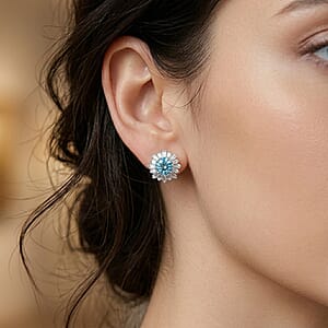 D'Joy Cambodian Blue Zircon and Moissanite 3.85 ctw Ocean Sunburst Earrings in Rhodium Over Sterling Silver