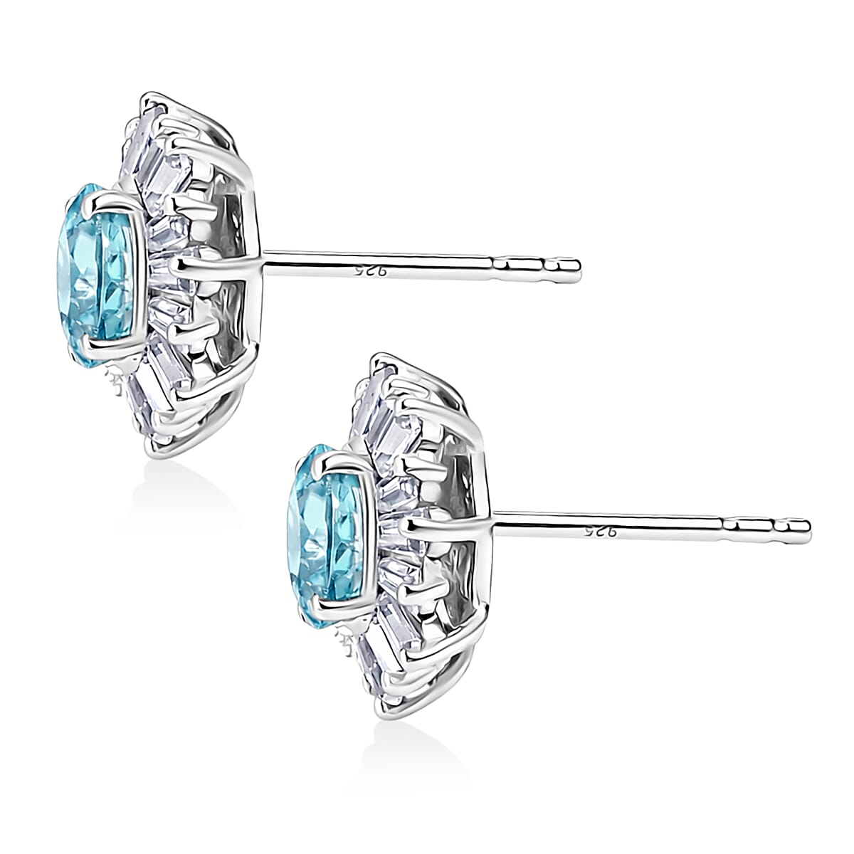 D'Joy Cambodian Blue Zircon and Moissanite 3.85 ctw Ocean Sunburst Earrings in Rhodium Over Sterling Silver image number 3