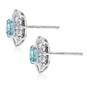 D'Joy Cambodian Blue Zircon and Moissanite 3.85 ctw Ocean Sunburst Earrings in Rhodium Over Sterling Silver