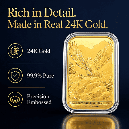24K Gold Freedom Takes Flight – Bald Eagle Tribute Embossed Sheet (31x45.5mm) 10mg - Product card gallery slide 2 (10178493546809)