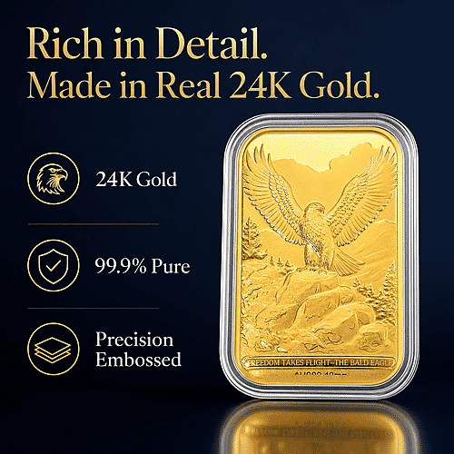 24K Gold Freedom Takes Flight – Bald Eagle Tribute Embossed Sheet (31x45.5mm) 10mg - Product card gallery slide 2 (10178493546809)