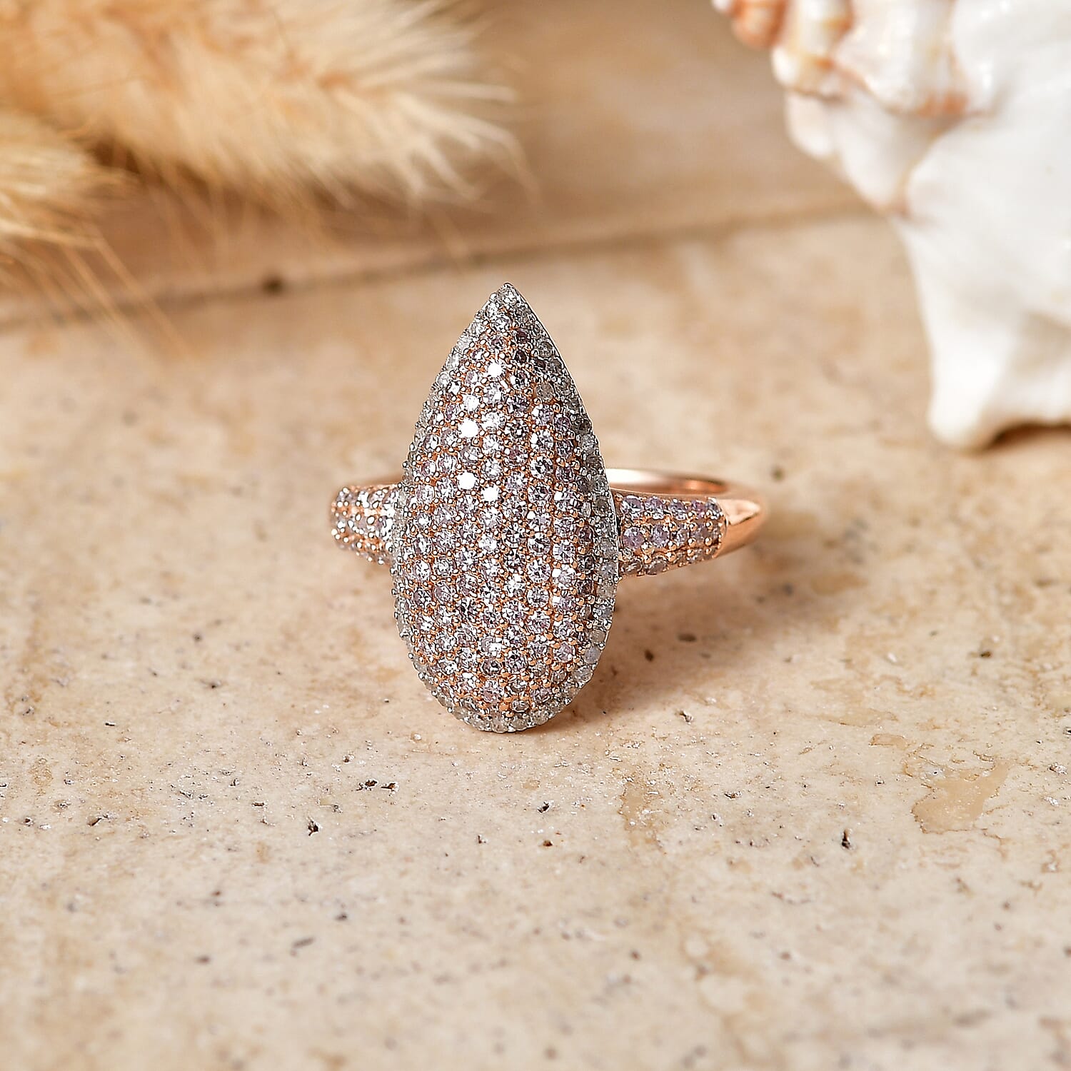 D'Joy Natural Pink and White Diamond I3 1.00 ctw Rose Silhouette Ring in 18K Vermeil Rose Gold Over Sterling Silver (Size 6.0)