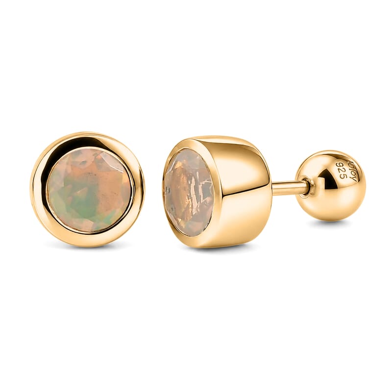 D'Joy Premium Ethiopian Welo Opal 0.90 ctw Solitaire Stud Earrings in 18K Vermeil Yellow Gold Over Sterling Silver