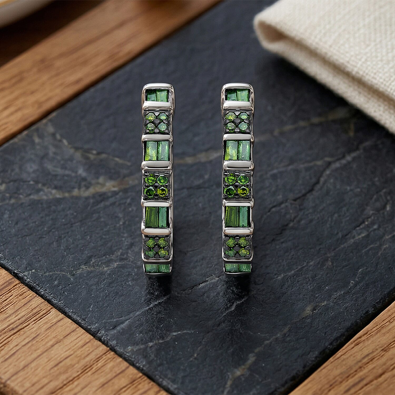 D'Joy Natural Green Diamond 0.25 ctw Hoop Earrings in Rhodium Over Sterling Silver