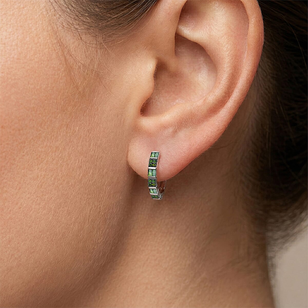 D'Joy Natural Green Diamond 0.25 ctw Hoop Earrings in Rhodium Over Sterling Silver image number 2