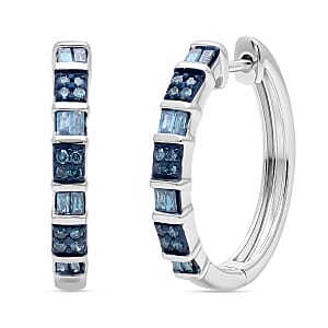 D'Joy Natural Blue Diamond 0.25 ctw Hoop Earrings in Rhodium Over Sterling Silver