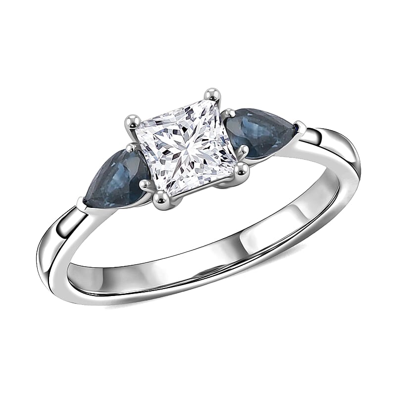 Modani Princess Cut White Diamond and Blue Sapphire 1.20 ctw Ring in 950 Platinum (Size  10.0)