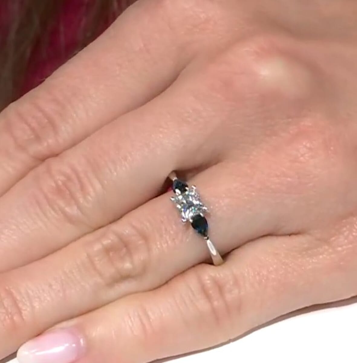 Modani Closeout Princess Cut White Diamond E- F, VVS and Blue Sapphire 1.20 ctw Ring in 950 Platinum image number 3