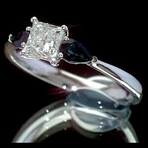 Modani Closeout Princess Cut White Diamond E- F, VVS and Blue Sapphire 1.20 ctw Ring in 950 Platinum (Size 5.0)