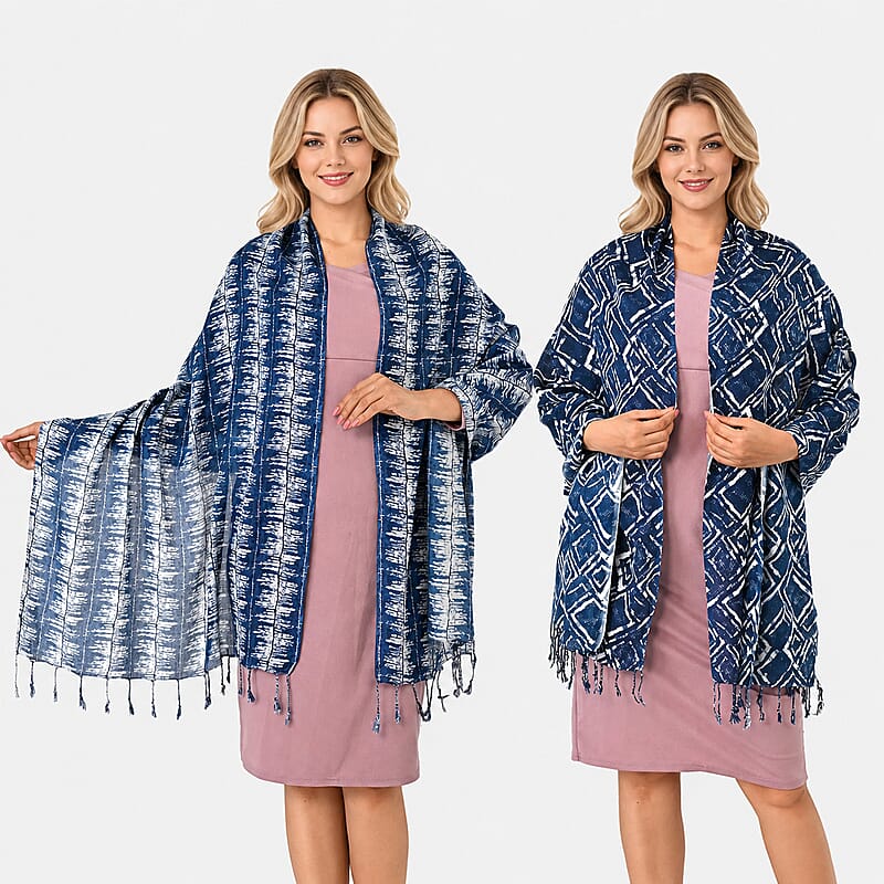 La Marey Indigo Stripe and Diamond Pattern Set of 2 Scarf