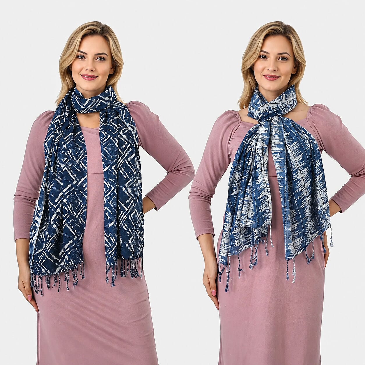 La Marey Indigo Stripe and Diamond Pattern Set of 2 Scarf