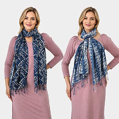 La Marey Indigo Stripe and Diamond Pattern Set of 2 Scarf