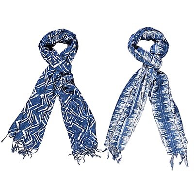 La Marey Indigo Stripe and Diamond Pattern Set of 2 Scarf