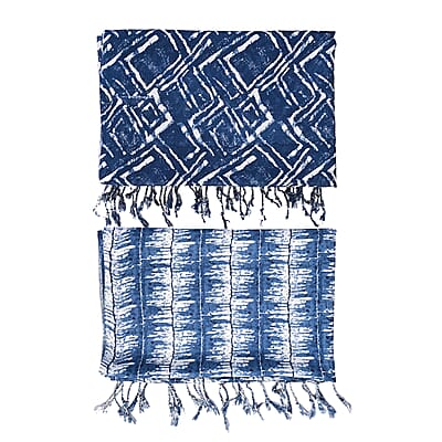 La Marey Indigo Stripe and Diamond Pattern Set of 2 Scarf