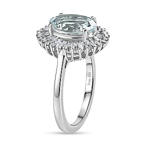 D'Joy Premium Mangoro Santo Aquamarine and Diamond 2.60 ctw Daisy Flower Ring in Rhodium Over Sterling Silver (Size 6.0)