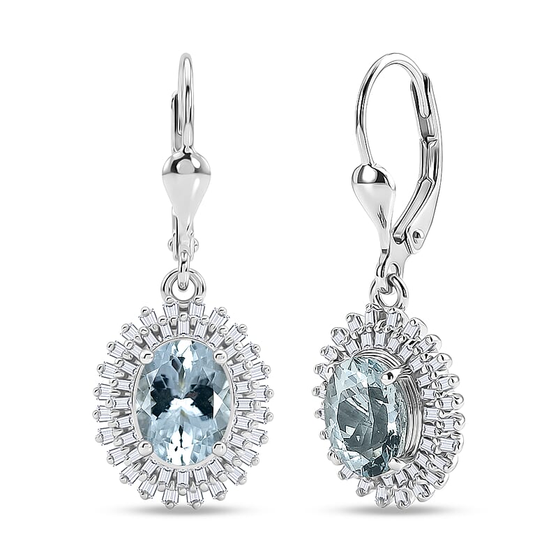 D'Joy Premium Mangoro Santo Aquamarine and Diamond 2.75 ctw Daisy Flower Earrings in Rhodium Over Sterling Silver