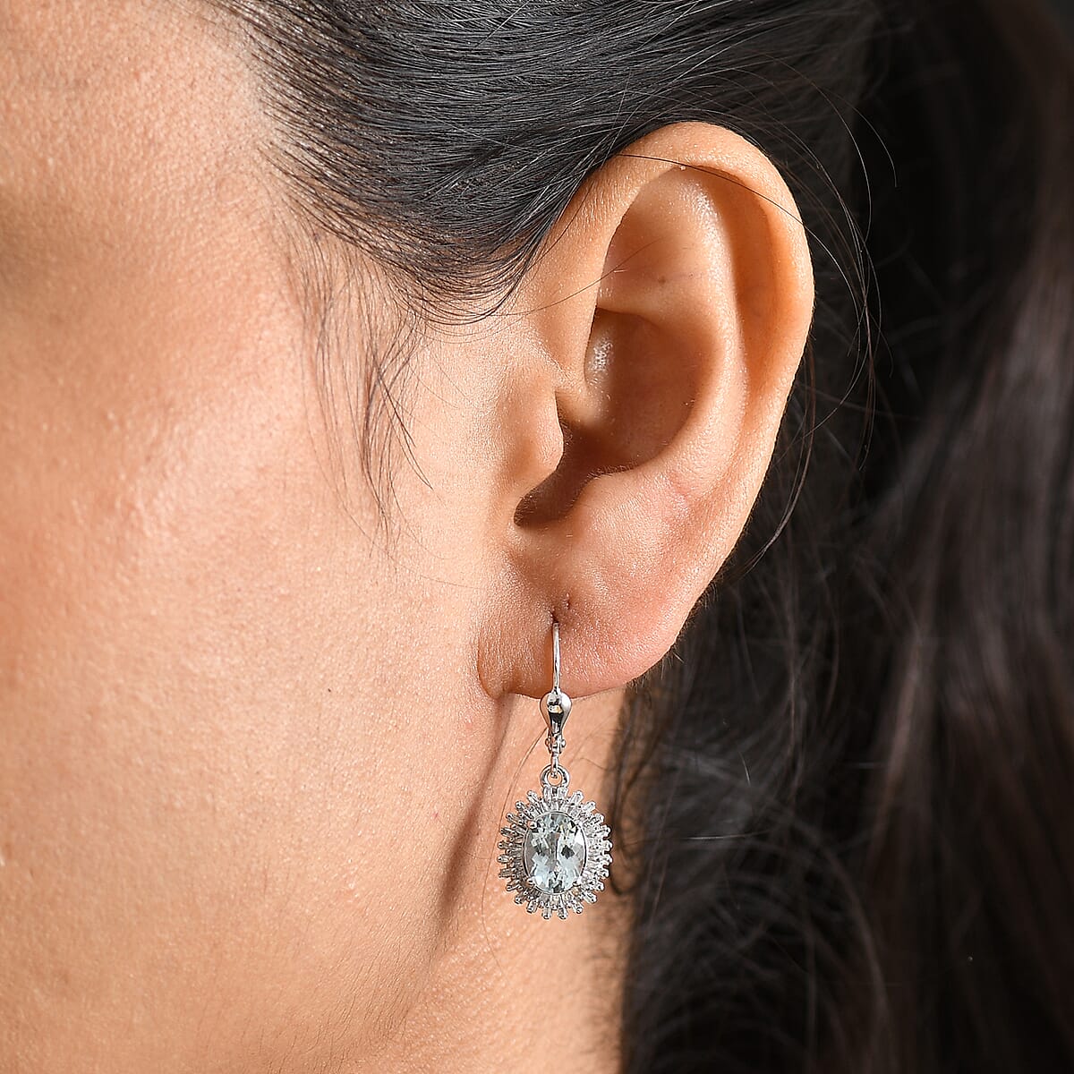 D'Joy Premium Mangoro Santo Aquamarine and Diamond 2.75 ctw Daisy Flower Earrings in Rhodium Over Sterling Silver image number 2