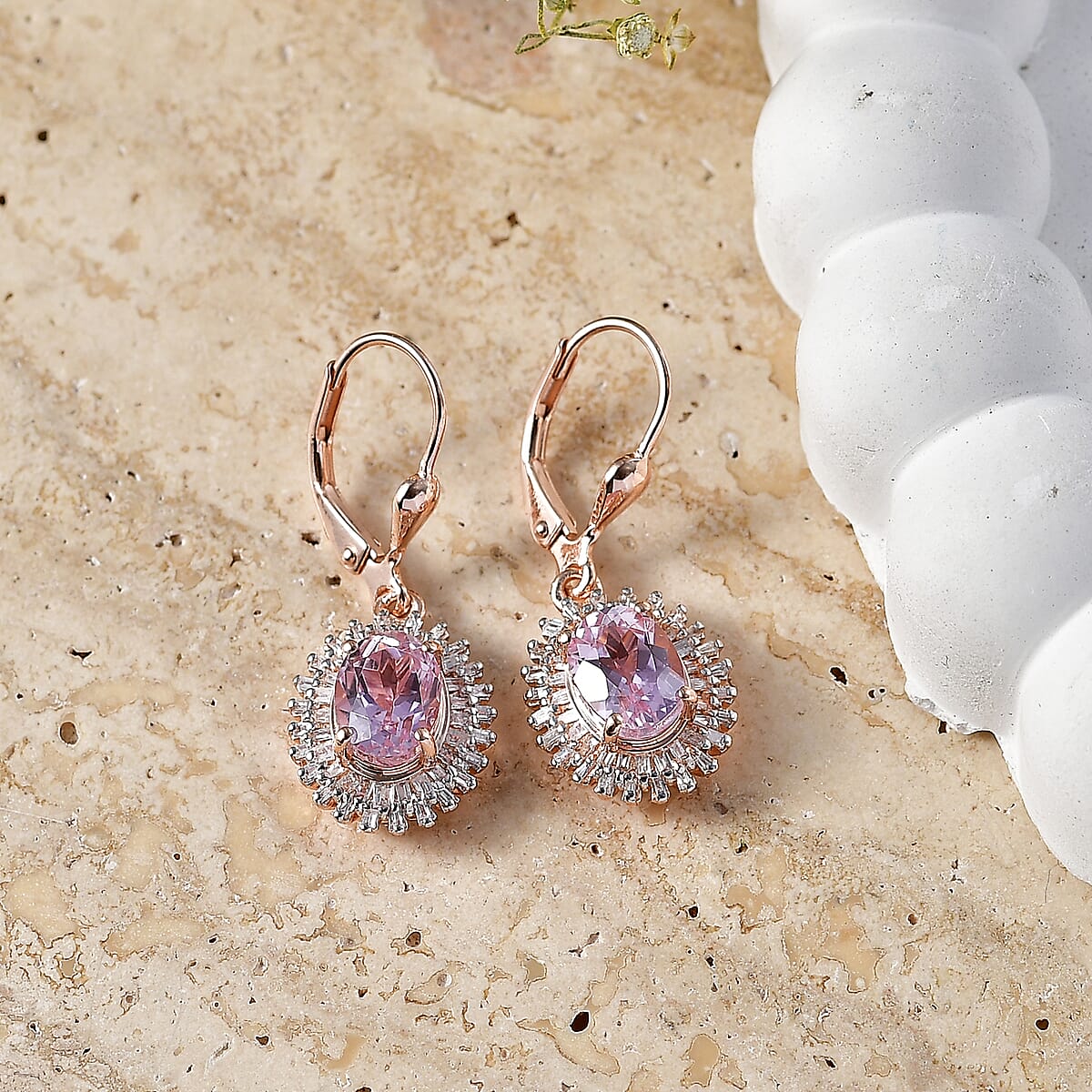 D'Joy Premium Martha Rocha Kunzite and Diamond 4.00 ctw Daisy Flower Earrings in 18K Vermeil Rose Gold Over Sterling Silver image number 1