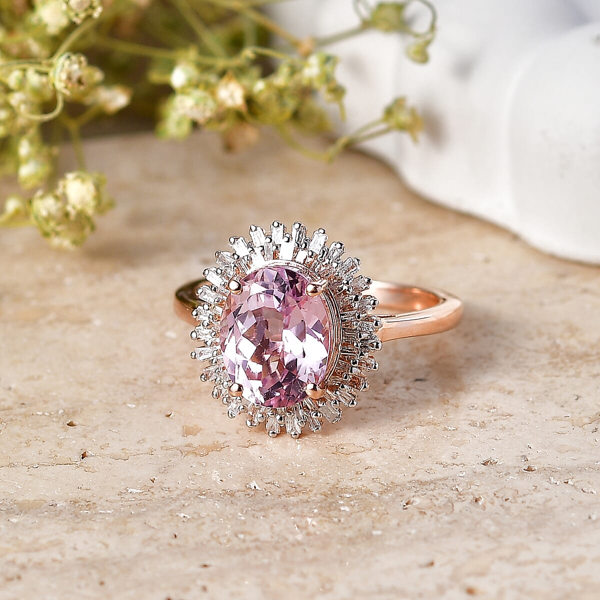 D'Joy Premium Martha Rocha Kunzite and Diamond 3.65 ctw Daisy Flower Ring in 18K Vermeil Rose Gold Over Sterling Silver (Size 7.0) image number 1