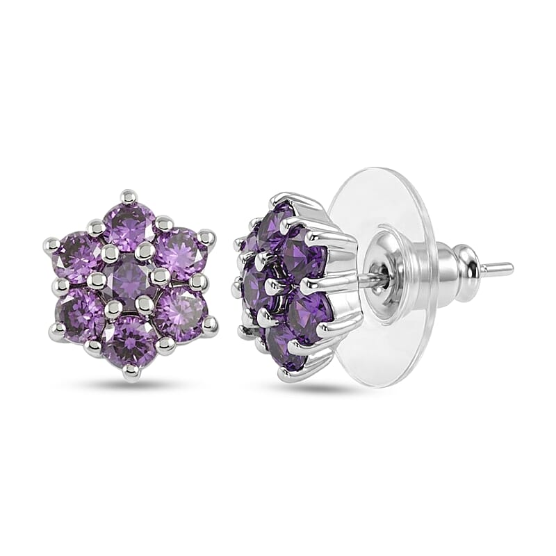 EverTrue Simulated Amethyst Color Diamond Solitaire Stud Earrings in Stainless Steel