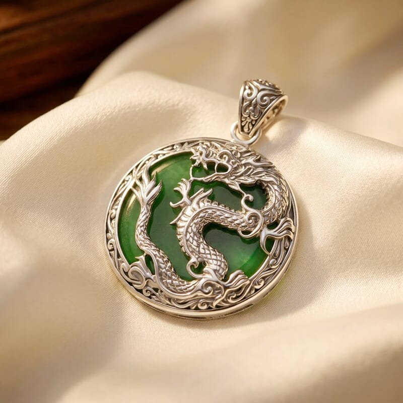 Green Jade  Pendant Sterling Silver ,  Silver Wt. 8.25 g 54.65 ctw