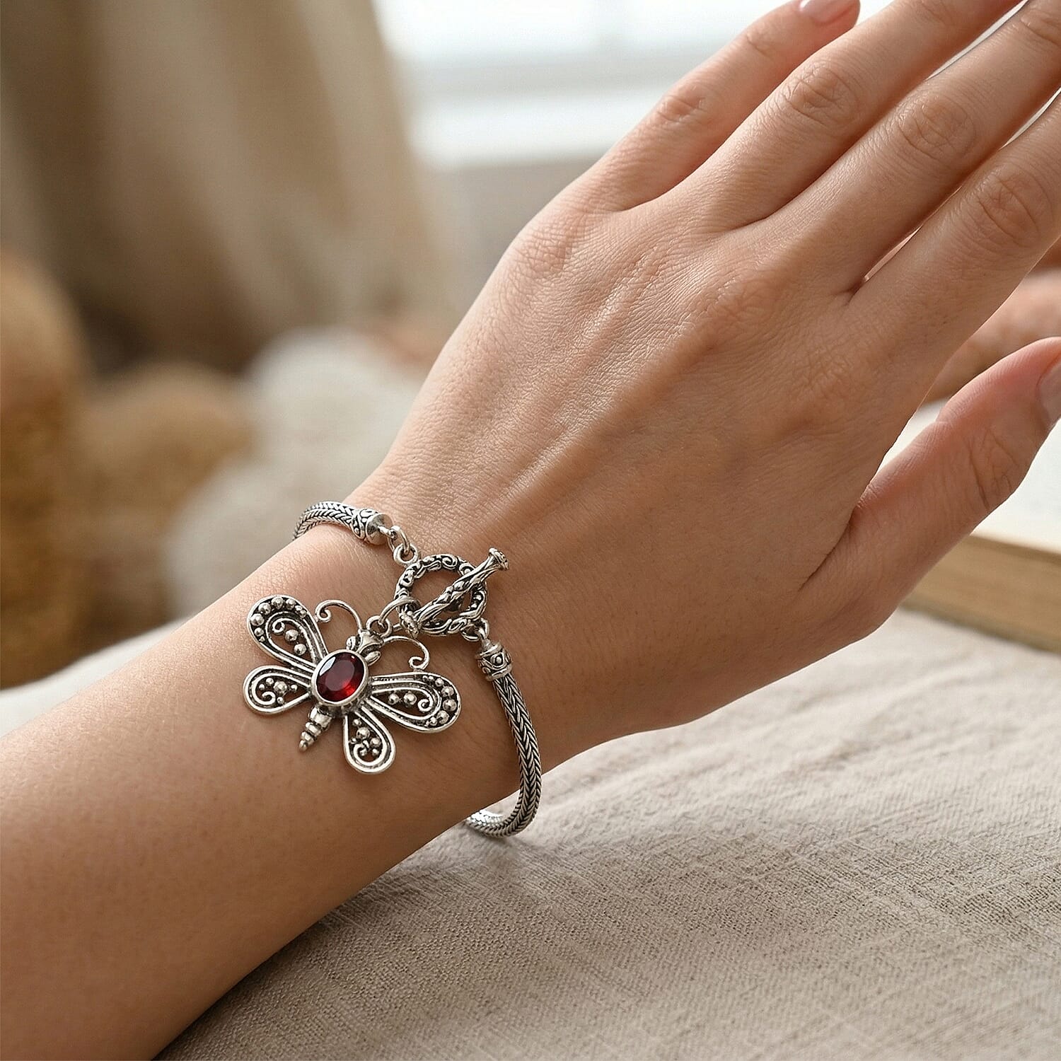 Bali Legacy Niassa Ruby (FF) 1.20 ctw Bracelet with Butterfly Charm in Sterling Silver (8.00 In)
