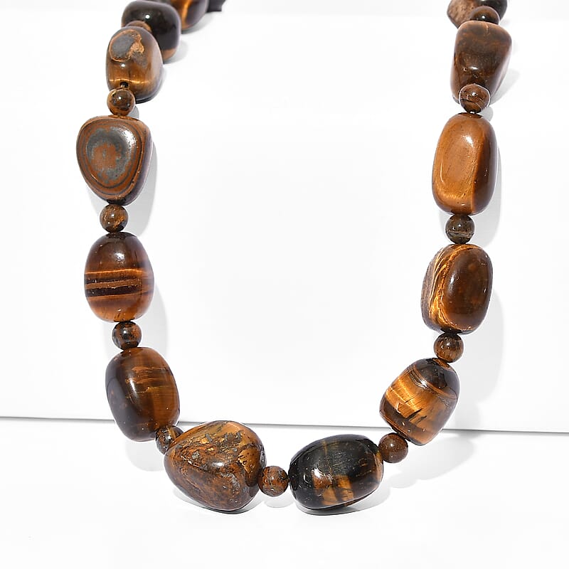 EverTrue Tigers Eye 250.00 ctw Beaded Necklace (18-19 Inches) in 18K YG Plated