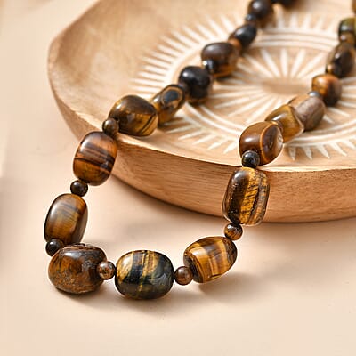 EverTrue Tigers Eye 250.00 ctw Beaded Necklace (18-19 Inches) in 18K YG Plated