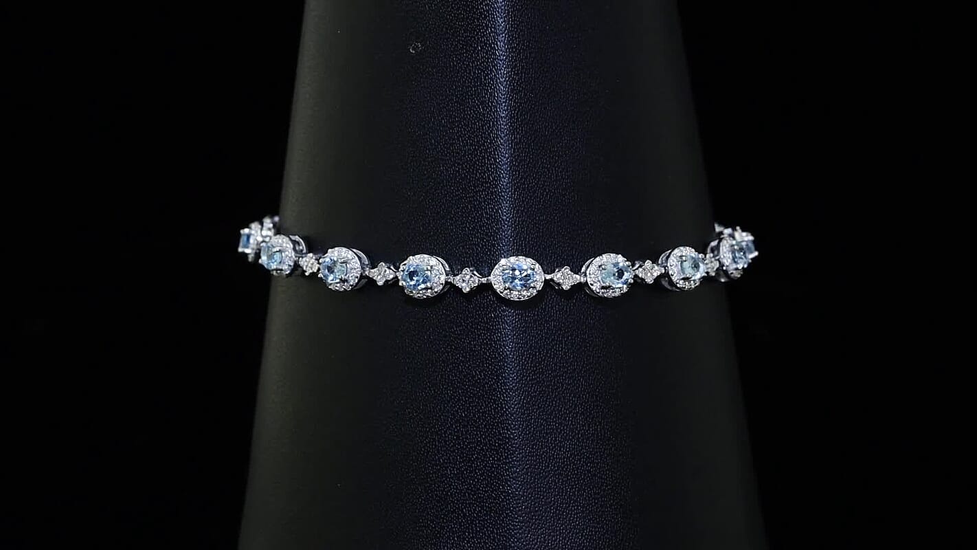 D'Joy Santa Maria Aquamarine, Moissanite Ocean Crown Bracelet in Rhodium Over Sterling Silver (7.25 In) 4.60 ctw