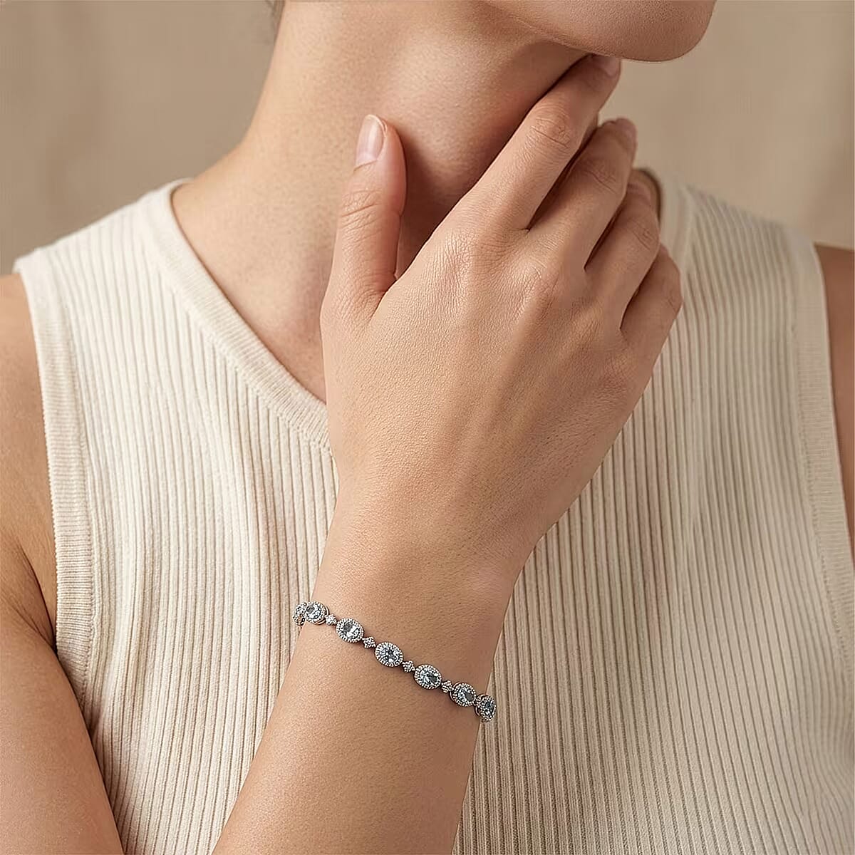 D'Joy Santa Maria Aquamarine, Moissanite 4.60 ctw Ocean Crown Bracelet in Rhodium Over Sterling Silver (7.25 In) image number 1