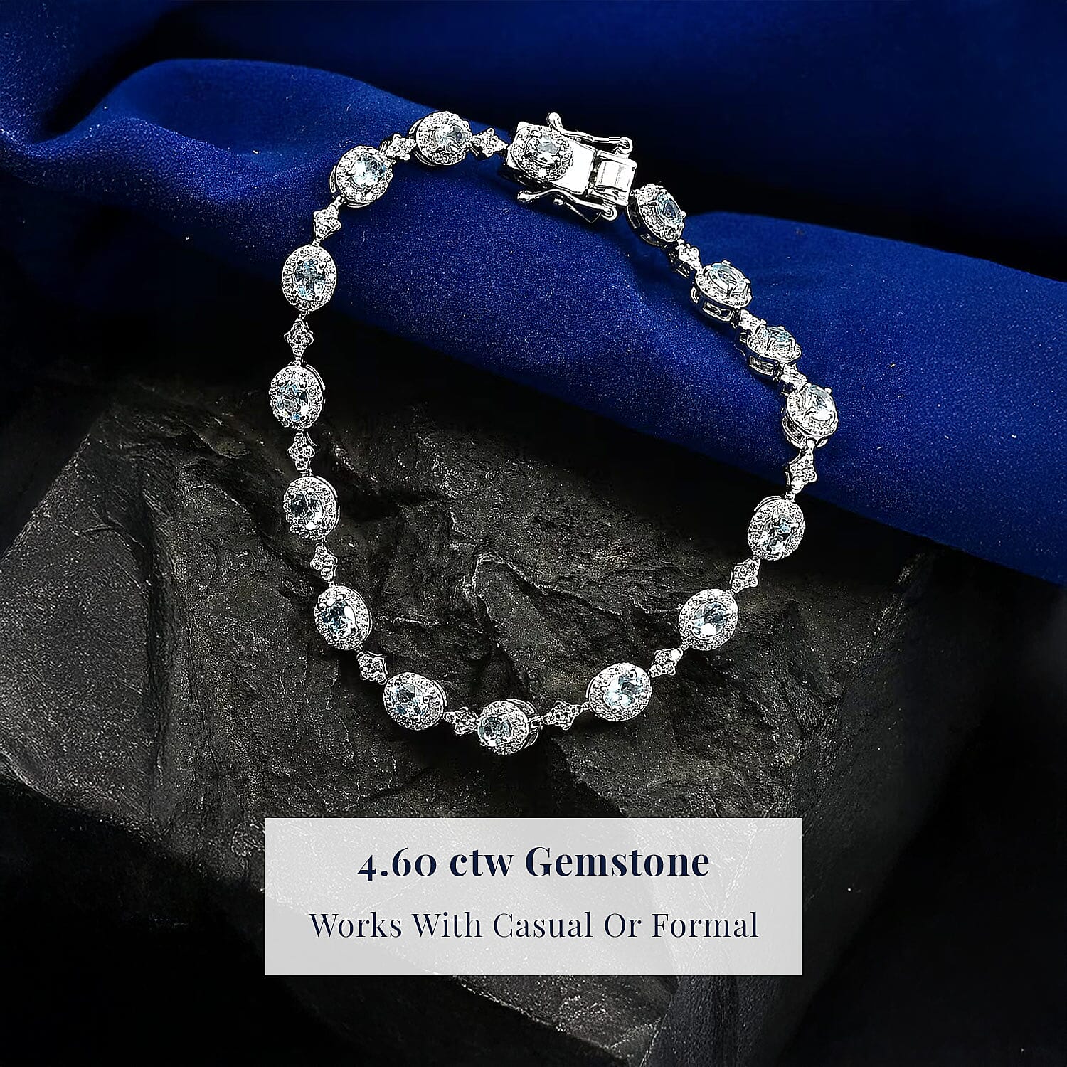 D'Joy Santa Maria Aquamarine, Moissanite 4.60 ctw Ocean Crown Bracelet in Rhodium Over Sterling Silver (7.25 In)