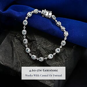 D'Joy Santa Maria Aquamarine, Moissanite 4.60 ctw Ocean Crown Bracelet in Rhodium Over Sterling Silver (7.25 In)