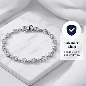 D'Joy Santa Maria Aquamarine, Moissanite 4.60 ctw Ocean Crown Bracelet in Rhodium Over Sterling Silver (7.25 In)