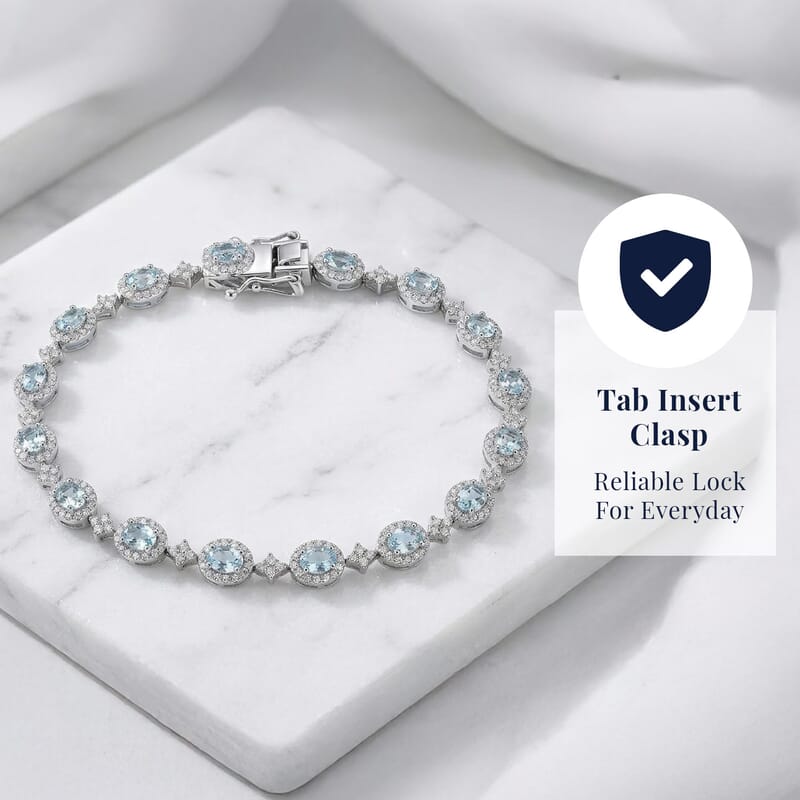D'Joy Santa Maria Aquamarine, Moissanite 4.60 ctw Ocean Crown Bracelet in Rhodium Over Sterling Silver (7.25 In)