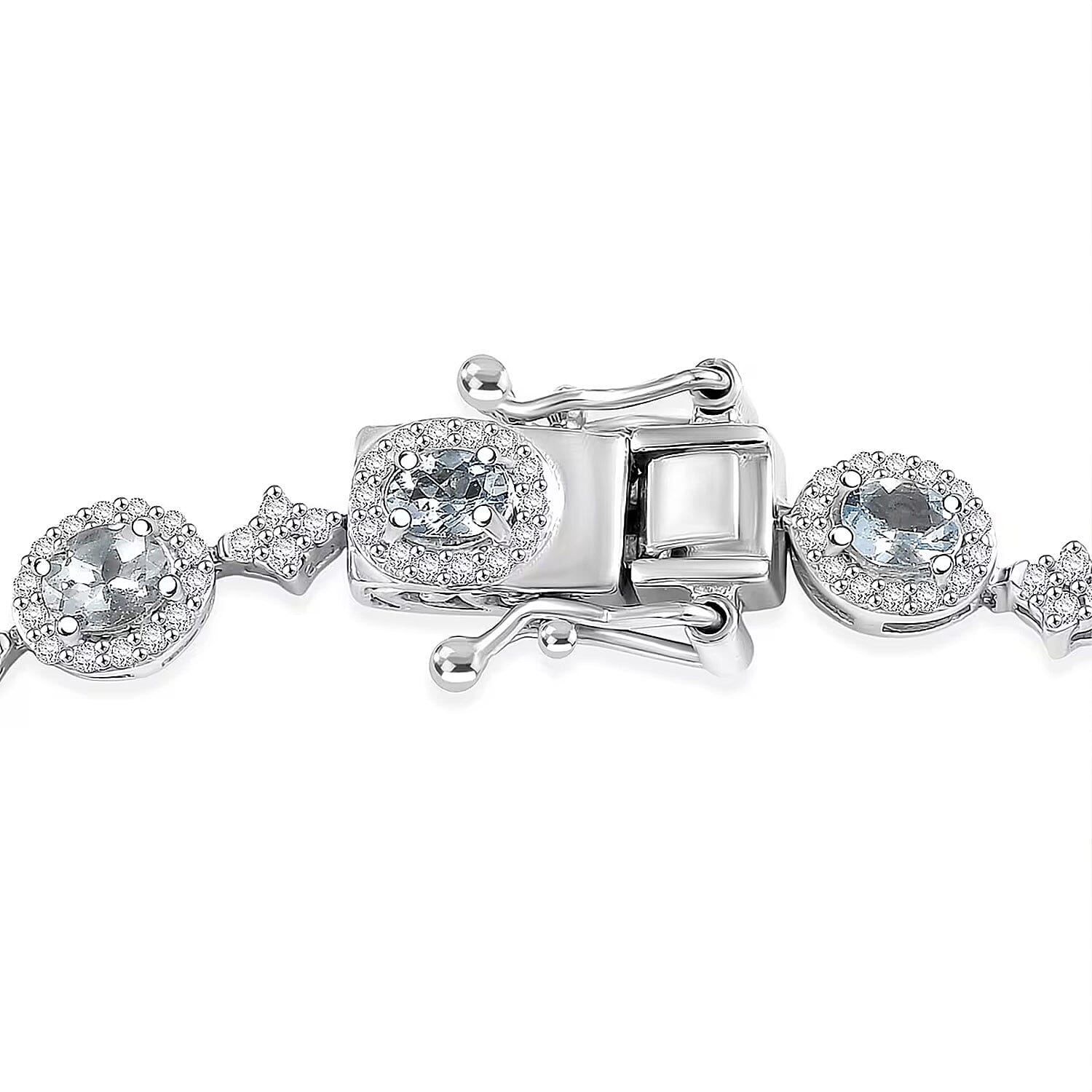 D'Joy Santa Maria Aquamarine, Moissanite 4.60 ctw Ocean Crown Bracelet in Rhodium Over Sterling Silver (7.25 In)